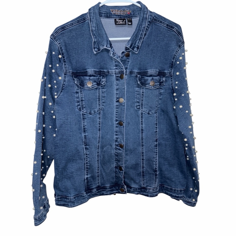 Women with Control Denim Jacket with Pearl Details